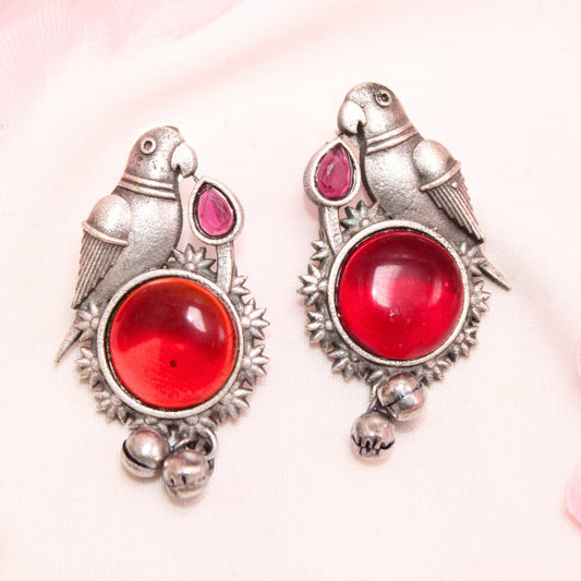 PARROT WITH ROUND MONALISA STONE EARRING-RED -Earrings