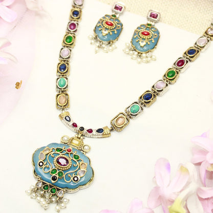 PARTY NECKLACE - KARIGARI WORK DUAL - TONE - BLUE - Necklaces