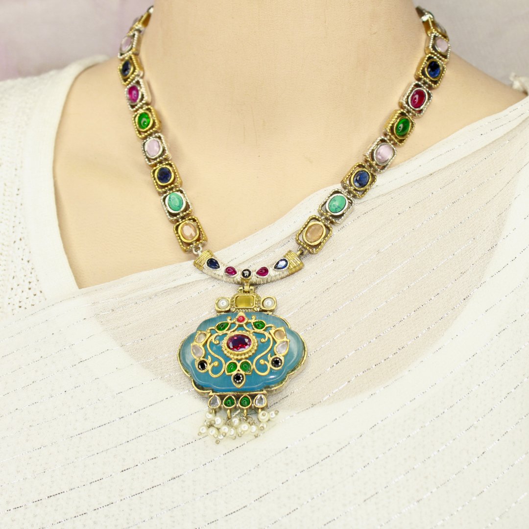 PARTY NECKLACE - KARIGARI WORK DUAL - TONE - BLUE - Necklaces