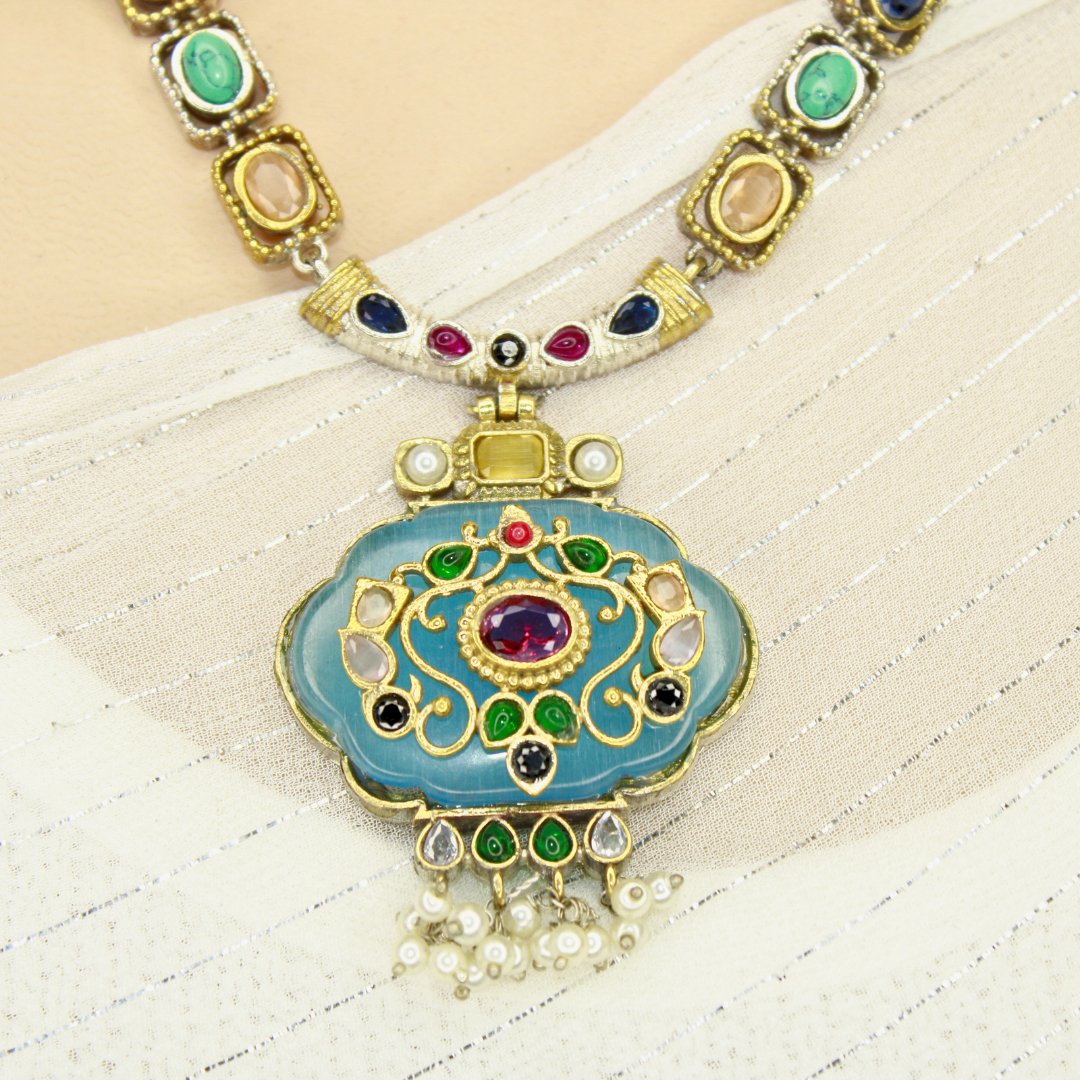 PARTY NECKLACE - KARIGARI WORK DUAL - TONE - BLUE - Necklaces