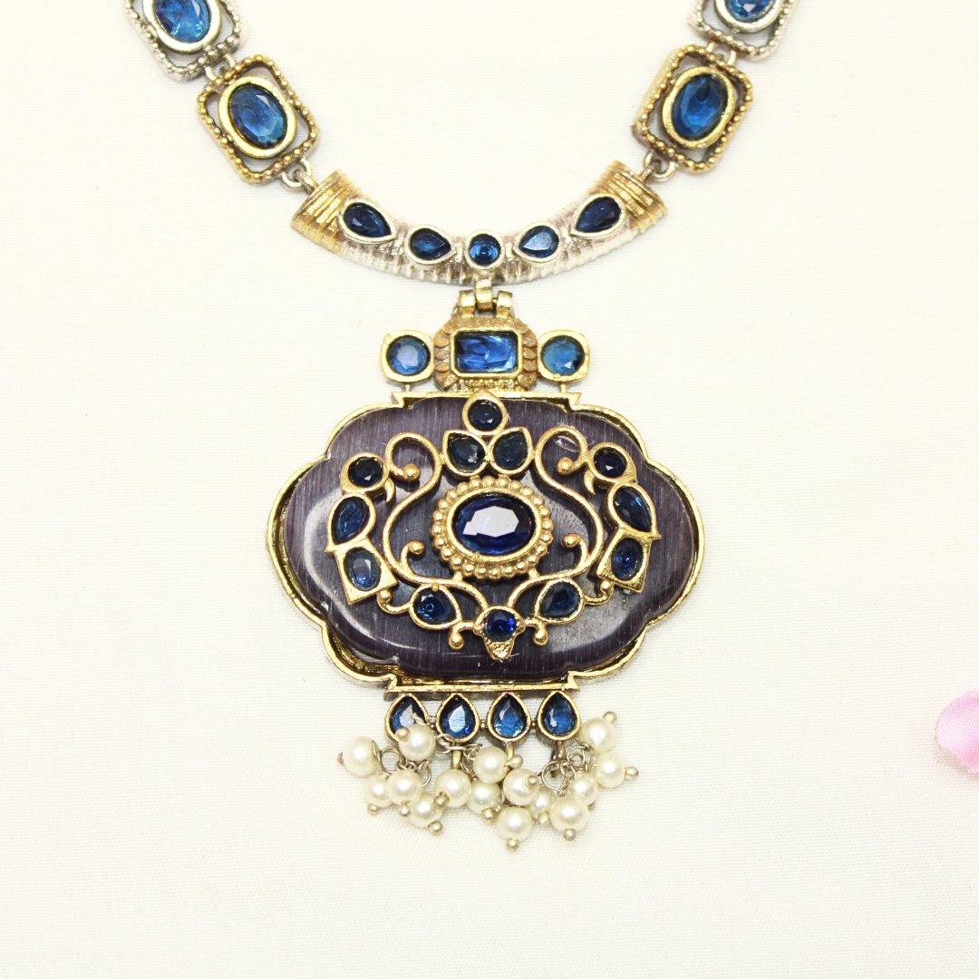 PARTY NECKLACE - KARIGARI WORK DUAL - TONE - DARK BLUE - Necklaces