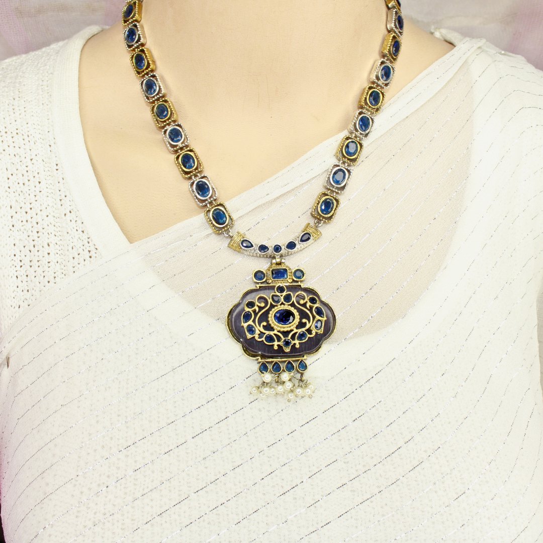 PARTY NECKLACE - KARIGARI WORK DUAL - TONE - DARK BLUE - Necklaces