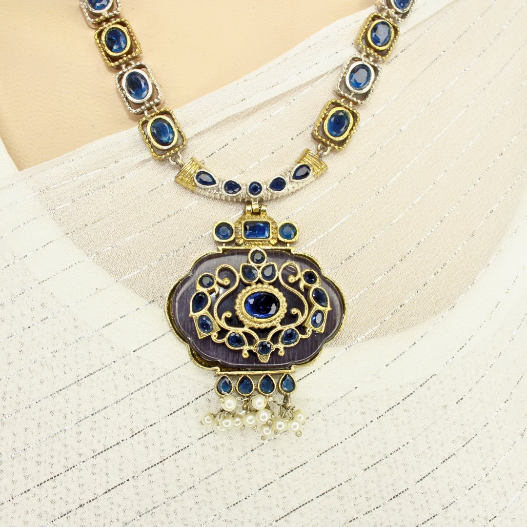 PARTY NECKLACE - KARIGARI WORK DUAL - TONE - DARK BLUE - Necklaces