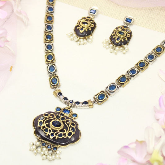 PARTY NECKLACE - KARIGARI WORK DUAL - TONE - DARK BLUE - Necklaces