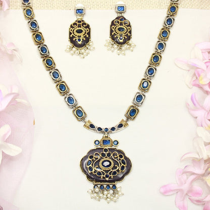 PARTY NECKLACE - KARIGARI WORK DUAL - TONE - DARK BLUE - Necklaces