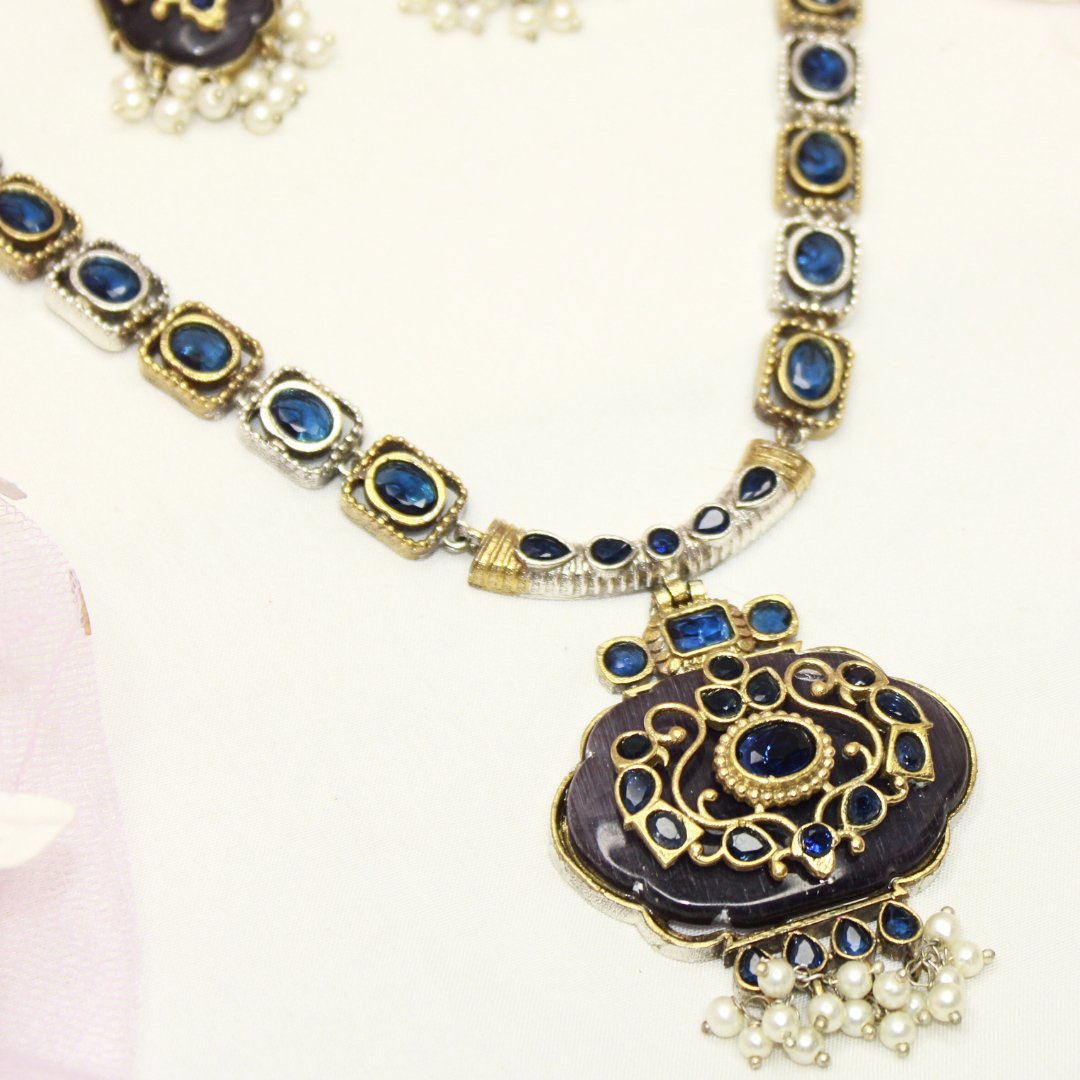 PARTY NECKLACE - KARIGARI WORK DUAL - TONE - DARK BLUE - Necklaces