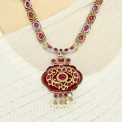 PARTY NECKLACE - KARIGARI WORK DUAL - TONE - RED - Necklaces