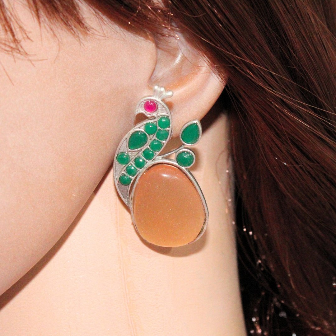 PEACOCK WITH A BIG STONE STUDS-ORANGE & GREEN -EARRING