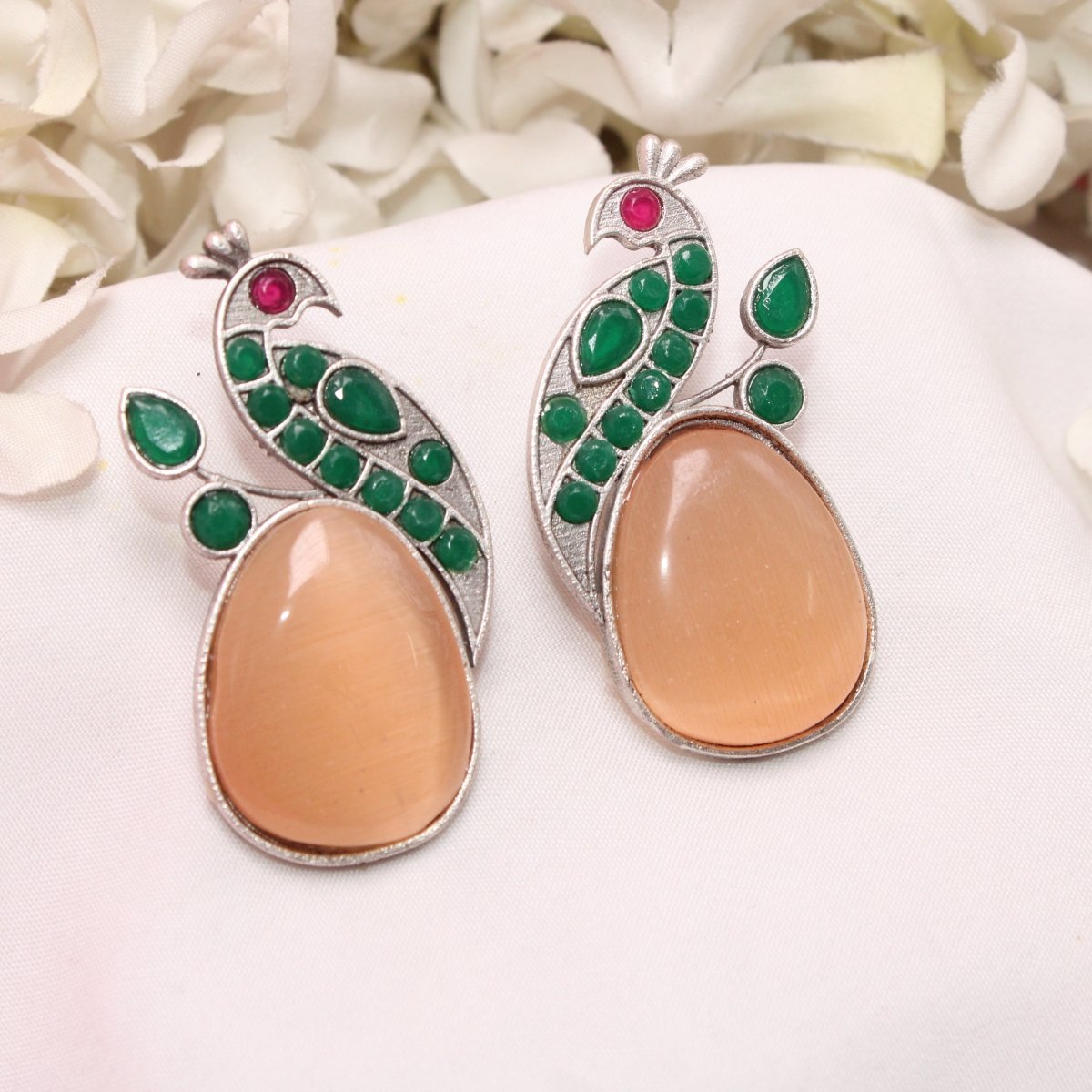 PEACOCK WITH A BIG STONE STUDS-ORANGE & GREEN -EARRING