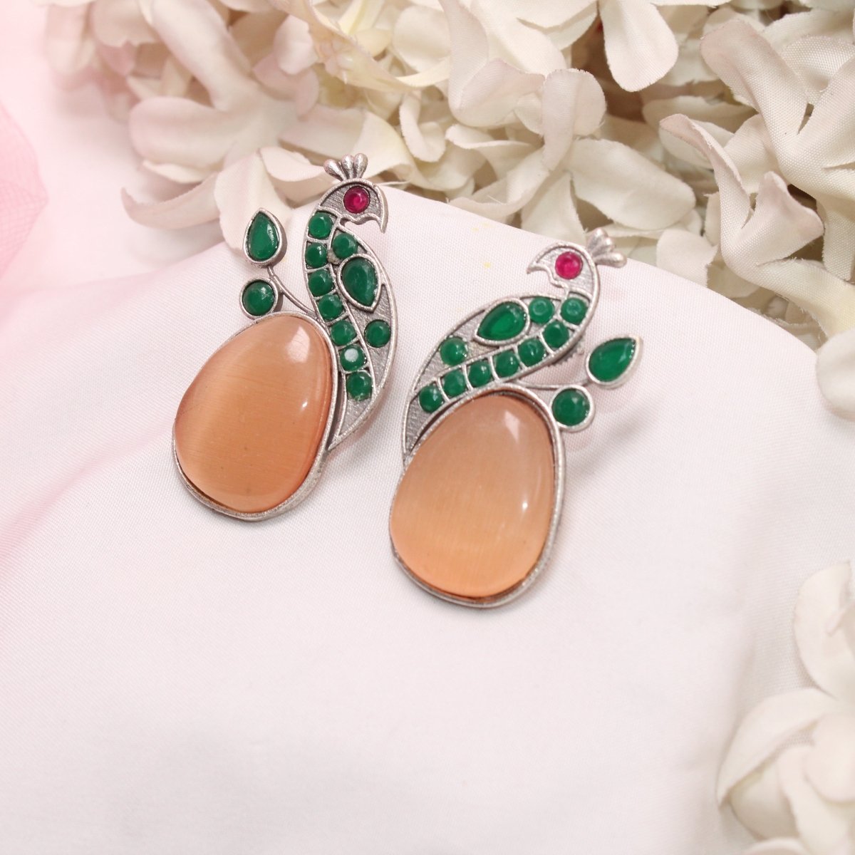 PEACOCK WITH A BIG STONE STUDS-ORANGE & GREEN -EARRING