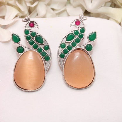 PEACOCK WITH A BIG STONE STUDS-ORANGE & GREEN -EARRING