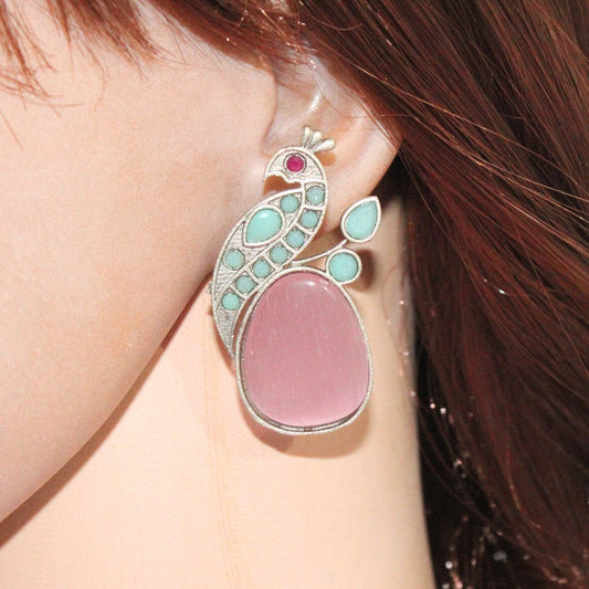 PEACOCK WITH A BIG STONE STUDS- PINK & MINT -EARRING