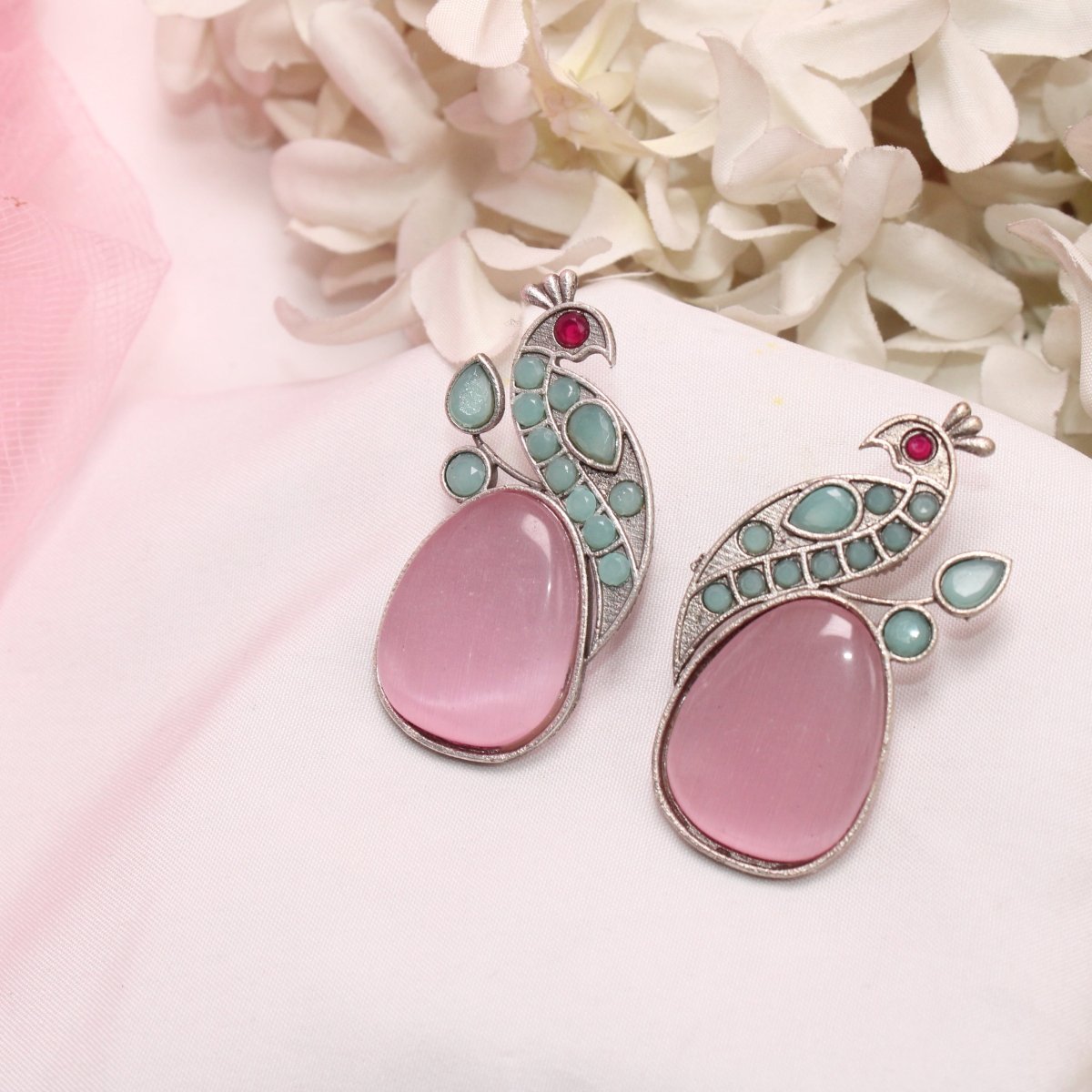 PEACOCK WITH A BIG STONE STUDS- PINK & MINT -EARRING