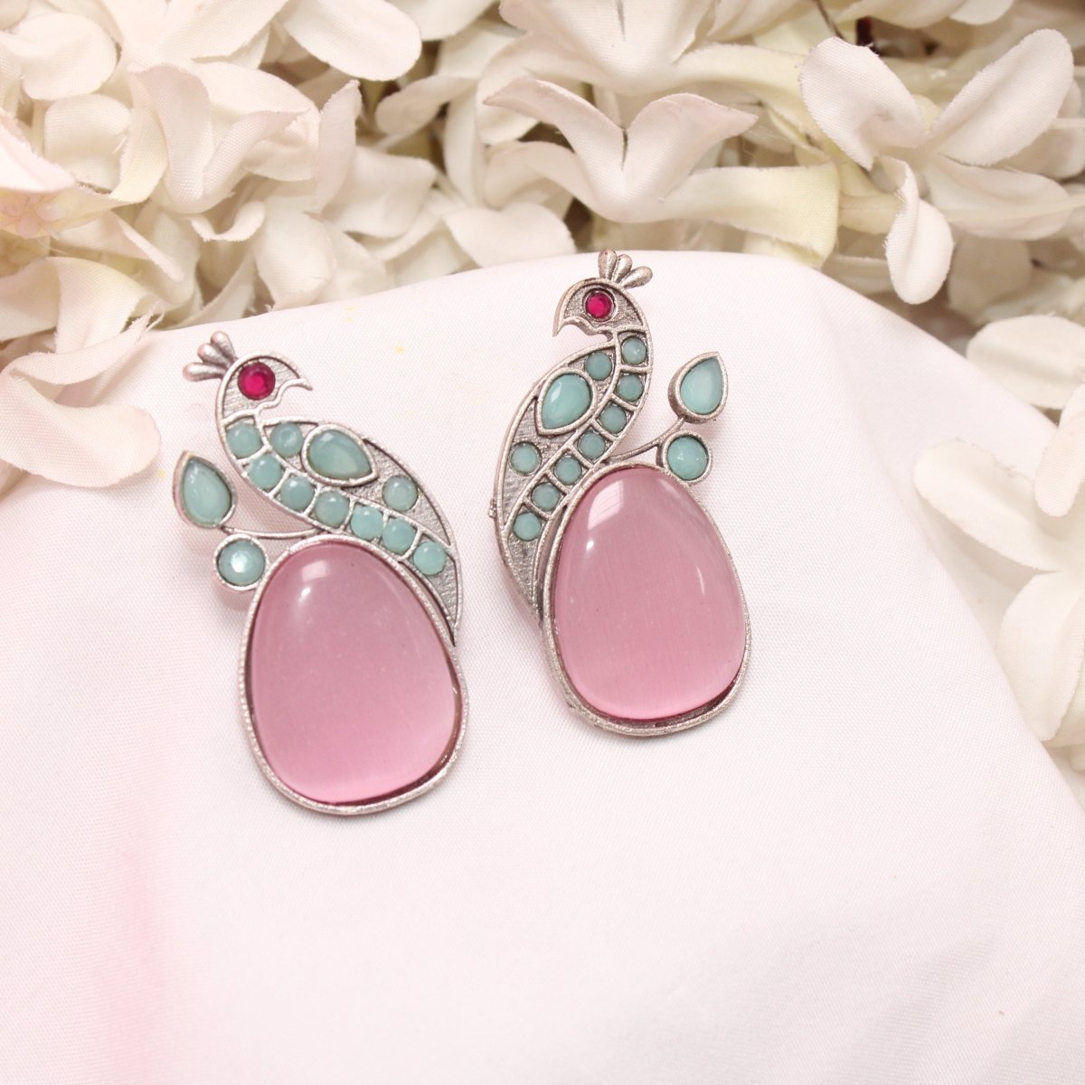 PEACOCK WITH A BIG STONE STUDS- PINK & MINT -EARRING