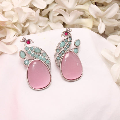 PEACOCK WITH A BIG STONE STUDS- PINK & MINT -EARRING