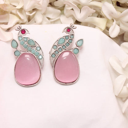 PEACOCK WITH A BIG STONE STUDS- PINK & MINT -EARRING