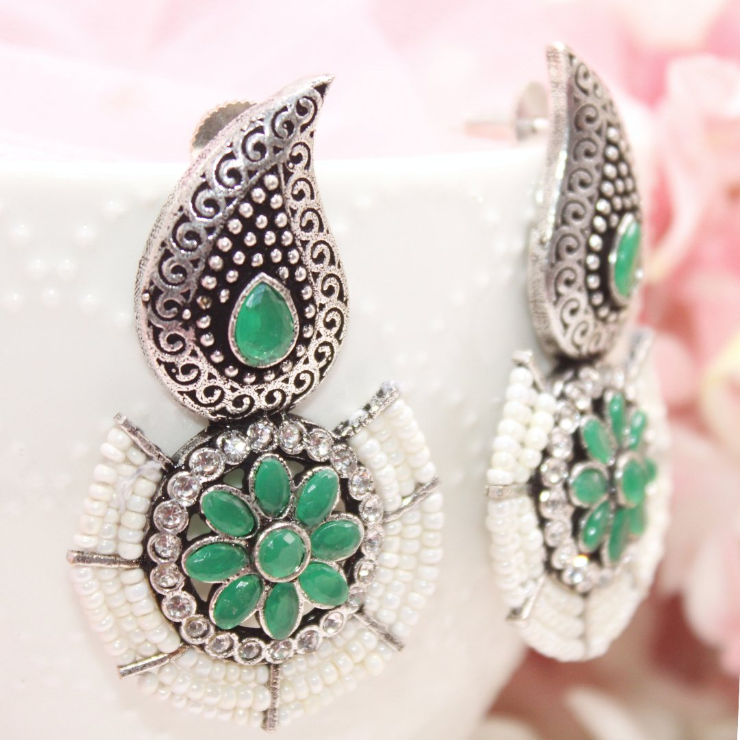 PEARL WITH KUNJ EARRING - GREEN - EARRING