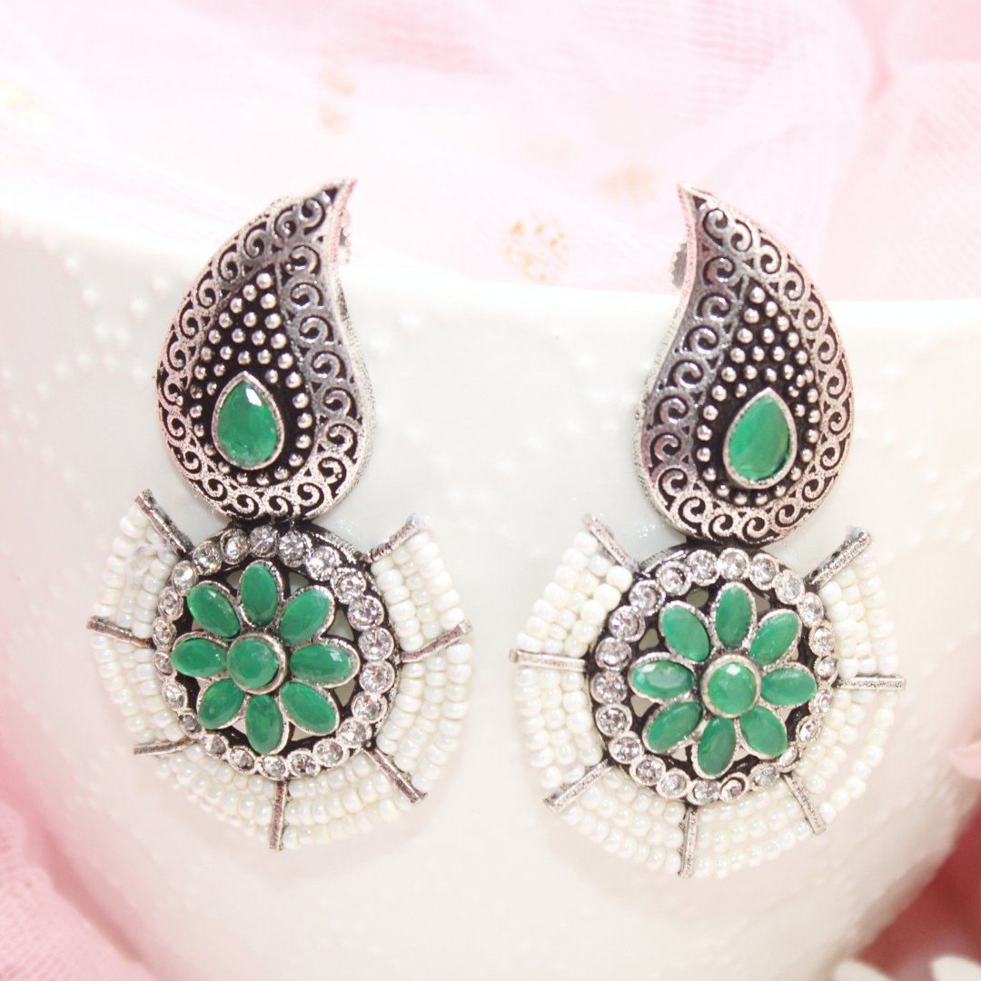 PEARL WITH KUNJ EARRING - GREEN - EARRING