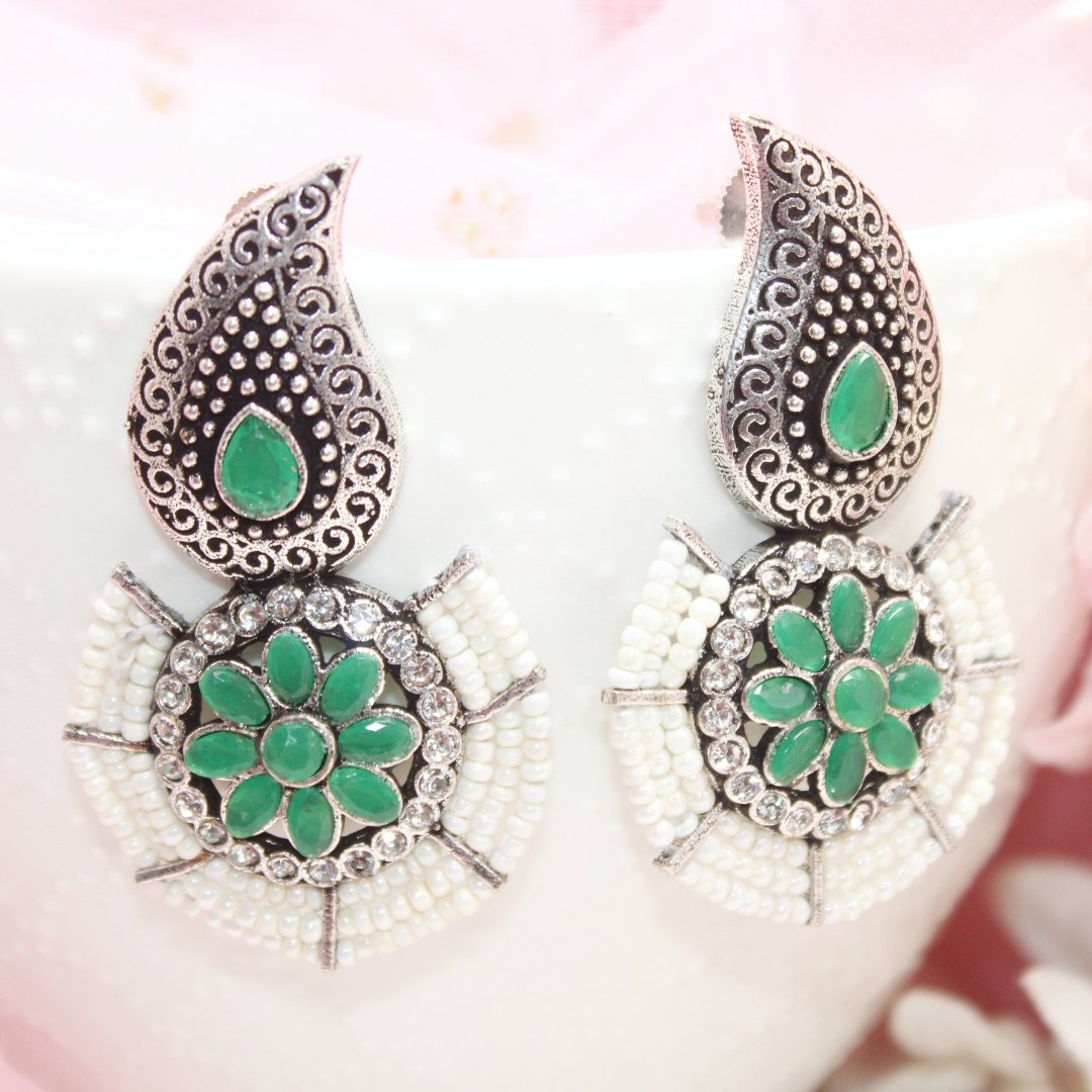 PEARL WITH KUNJ EARRING - GREEN - EARRING