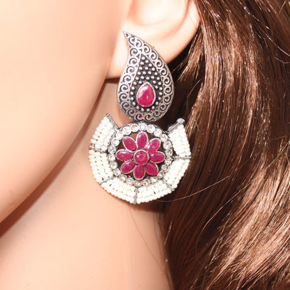 PEARL WITH KUNJ EARRING - MAGENTA - EARRING