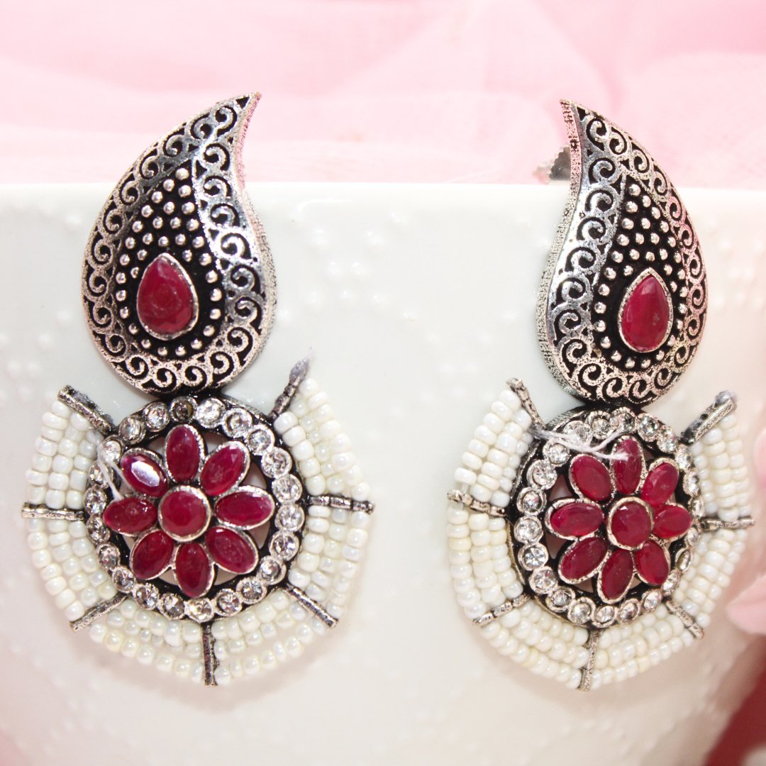 PEARL WITH KUNJ EARRING - MAGENTA - EARRING