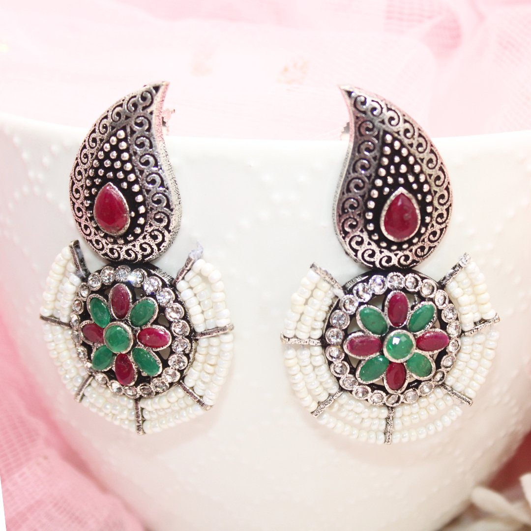 PEARL WITH KUNJ EARRING - MAGENTA & GREEN - EARRING