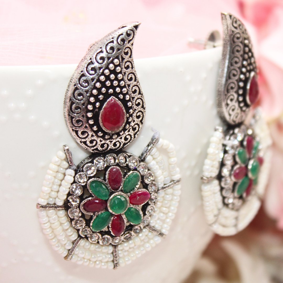 PEARL WITH KUNJ EARRING - MAGENTA & GREEN - EARRING