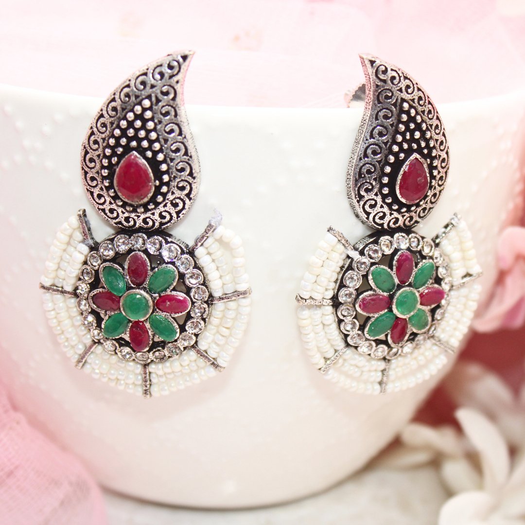 PEARL WITH KUNJ EARRING - MAGENTA & GREEN - EARRING