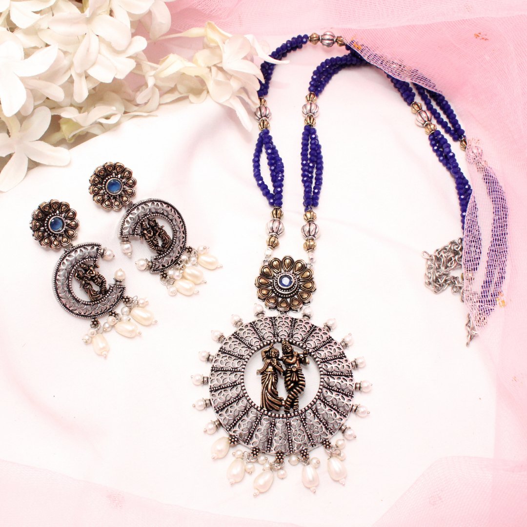 RADHA-KRISHAN DUAL-TONE PENDANT SET- BLUE -Charms & Pendants