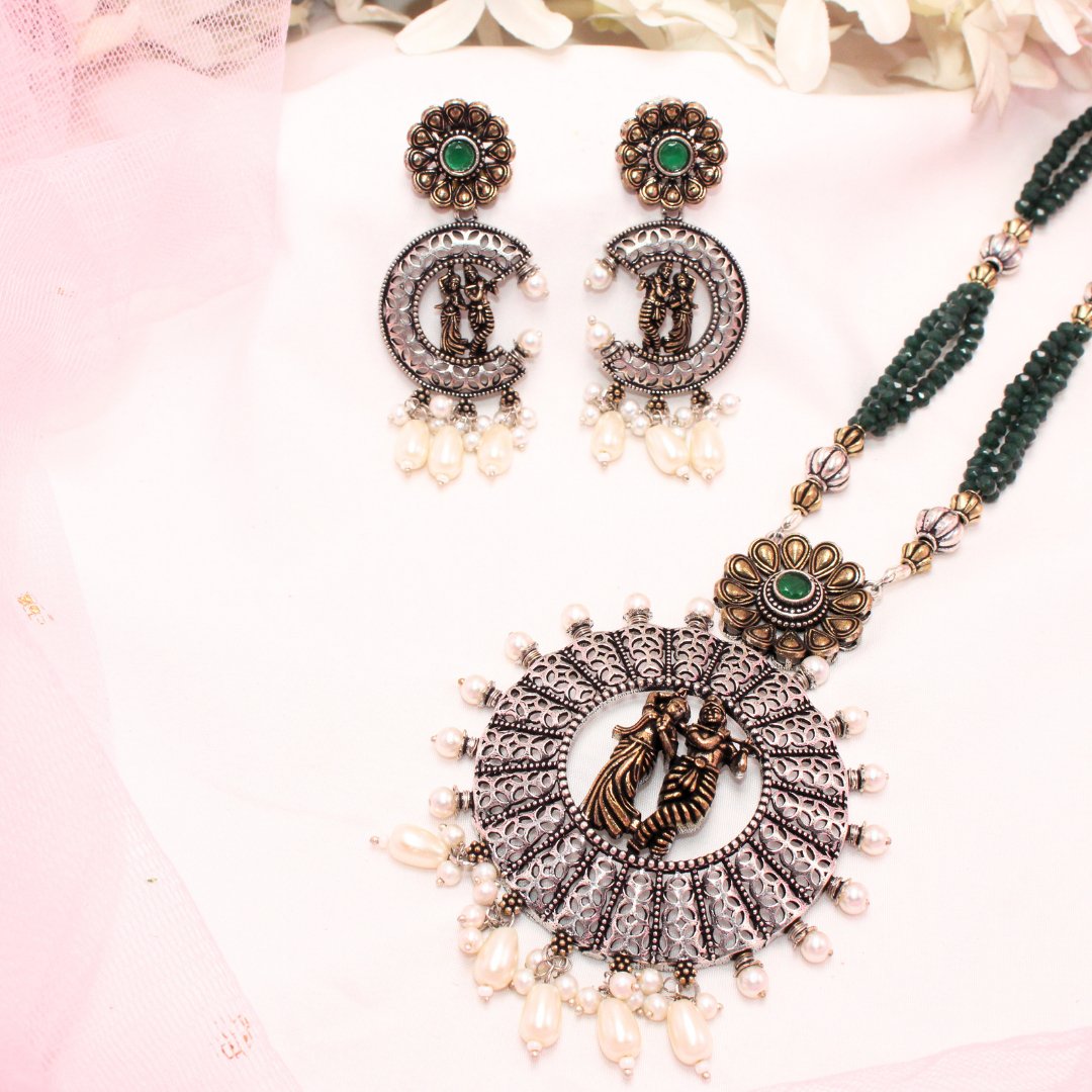 RADHA-KRISHAN DUAL-TONE PENDANT SET-DARK GREEN -Charms & Pendants