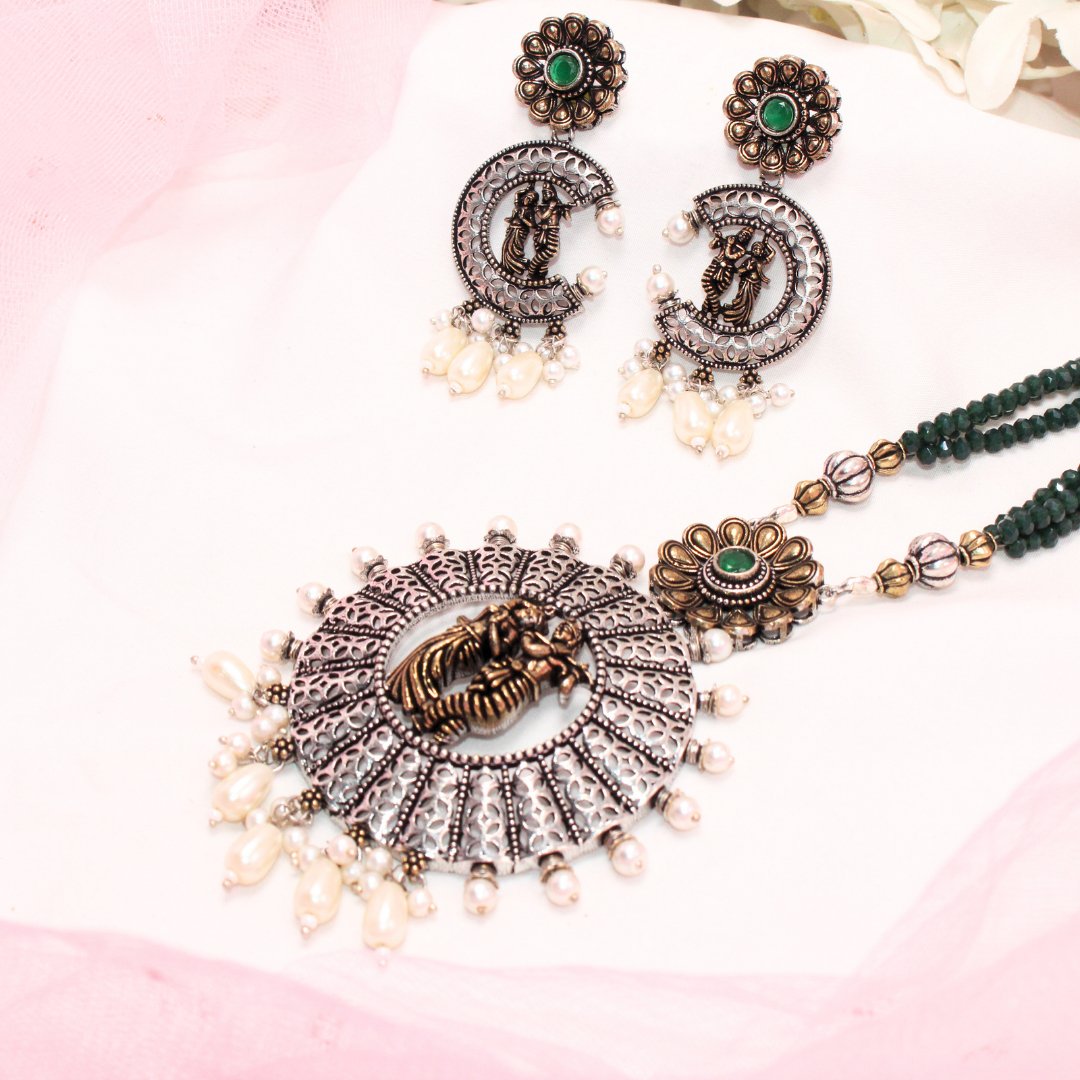 RADHA-KRISHAN DUAL-TONE PENDANT SET-DARK GREEN -Charms & Pendants