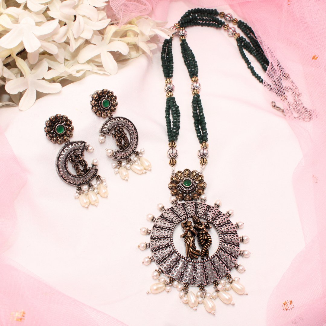 RADHA-KRISHAN DUAL-TONE PENDANT SET-DARK GREEN -Charms & Pendants