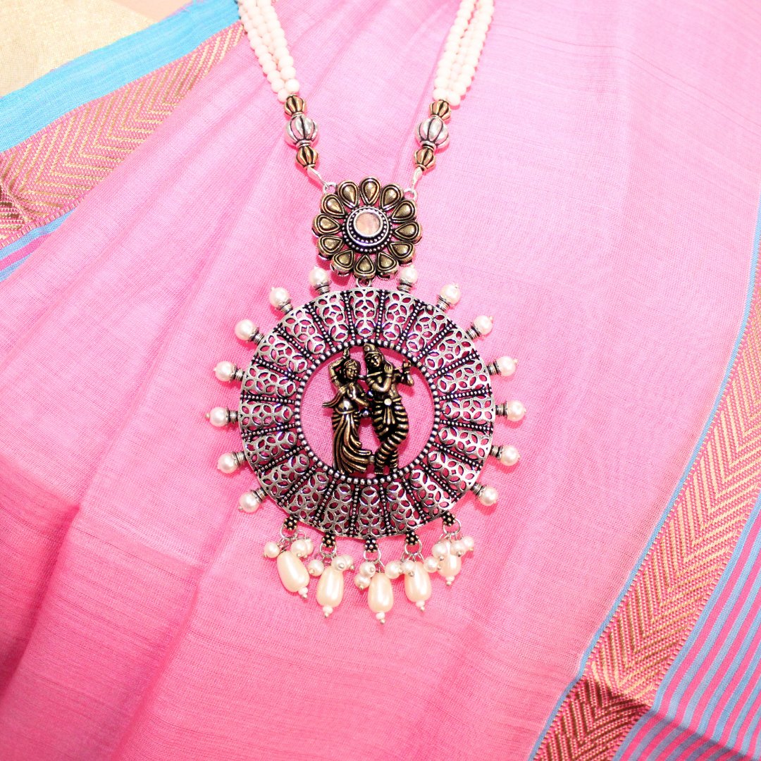 RADHA-KRISHAN DUAL-TONE PENDANT SET-PEACH -Charms & Pendants