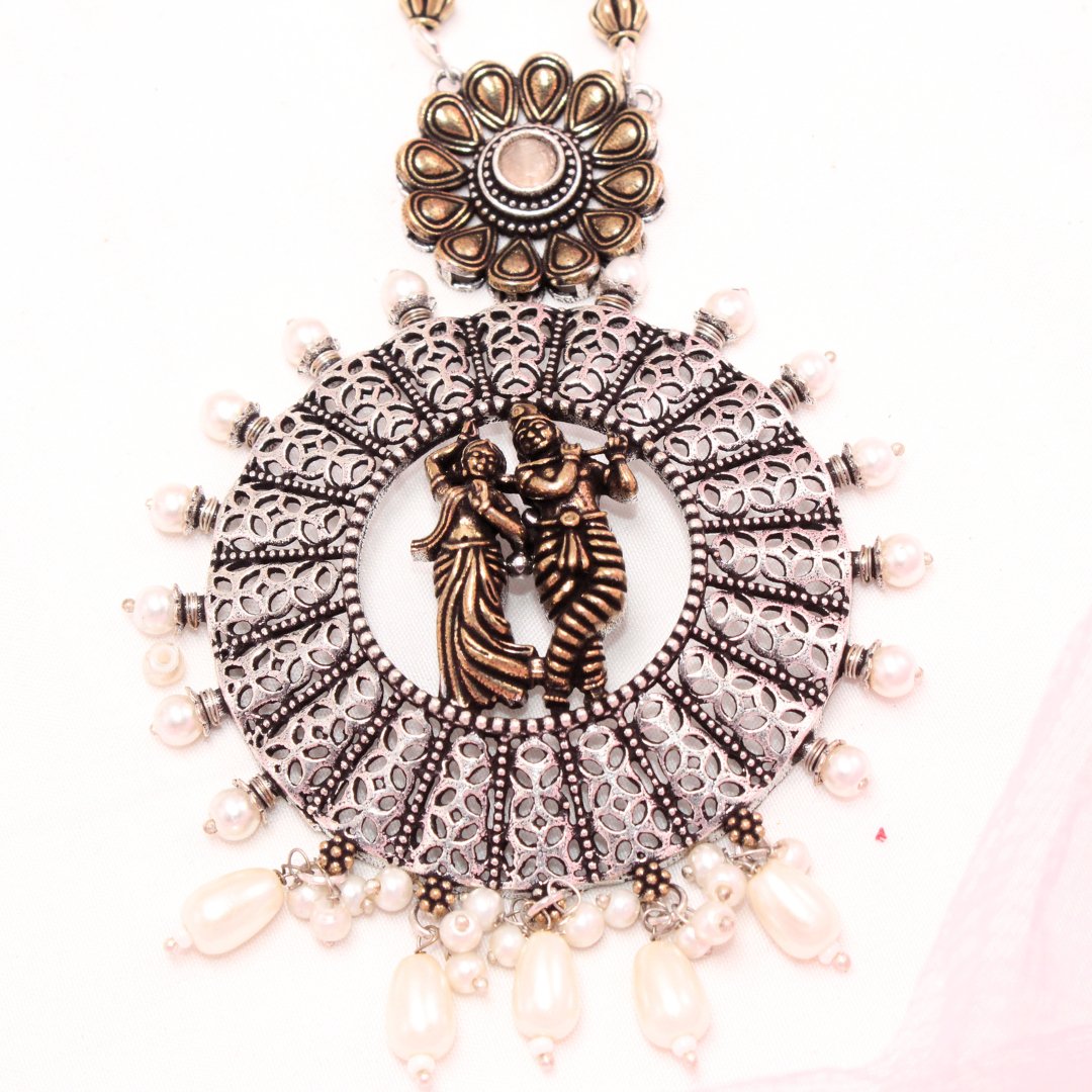 RADHA-KRISHAN DUAL-TONE PENDANT SET-PEACH -Charms & Pendants