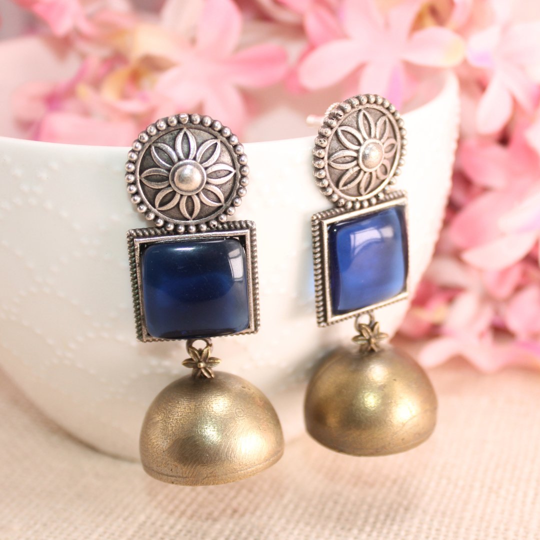 RAJPUTA MONALISA STONE DUAL-TONE JHUMKA-BLUE -EARRING