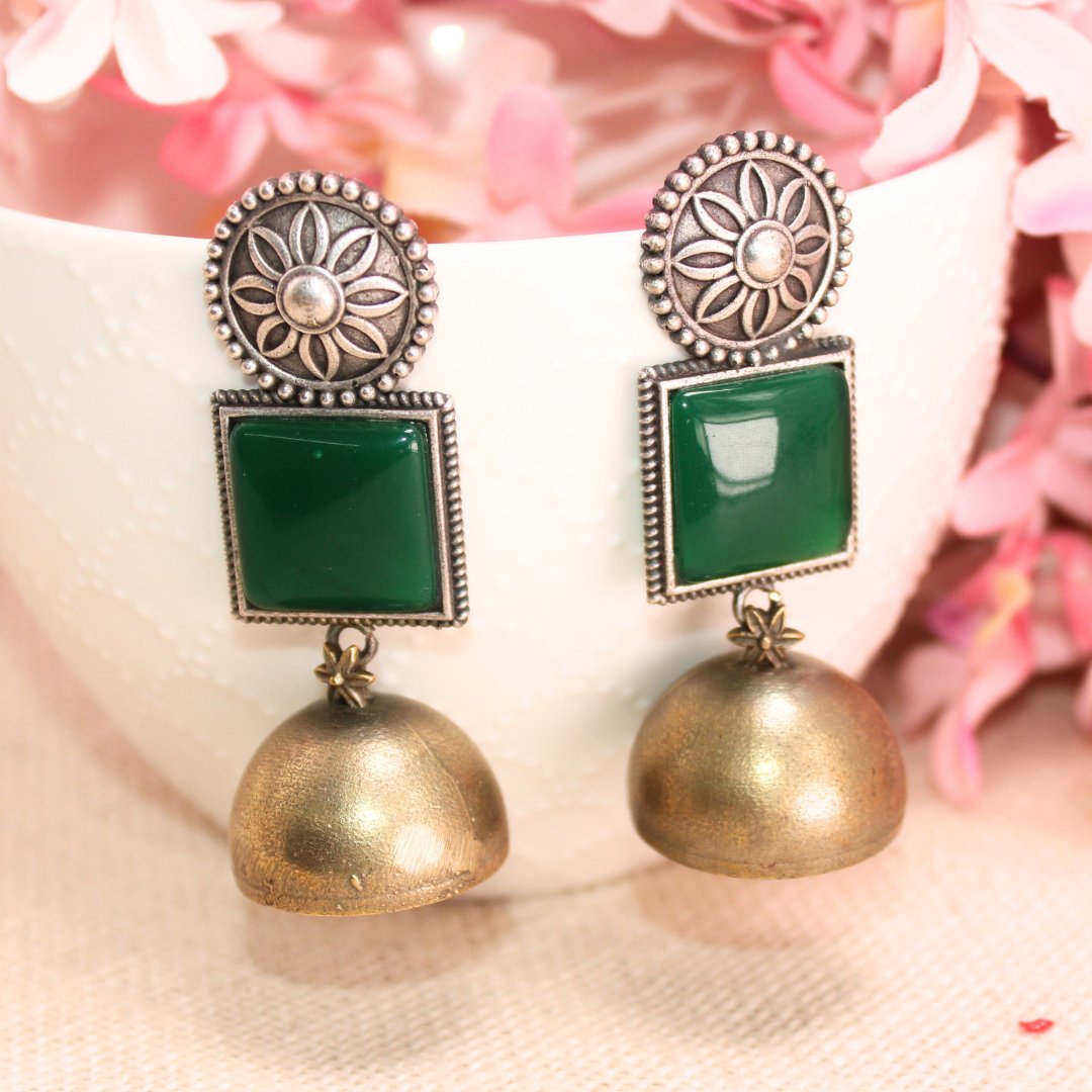 RAJPUTA MONALISA STONE DUAL-TONE JHUMKA-DARK GREEN -EARRING