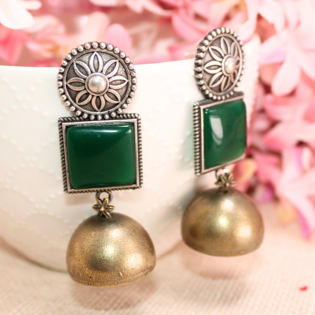 RAJPUTA MONALISA STONE DUAL-TONE JHUMKA-DARK GREEN -EARRING