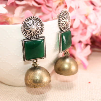 RAJPUTA MONALISA STONE DUAL-TONE JHUMKA-DARK GREEN -EARRING