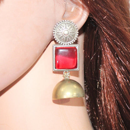 RAJPUTA MONALISA STONE DUAL-TONE JHUMKA-RED -EARRING