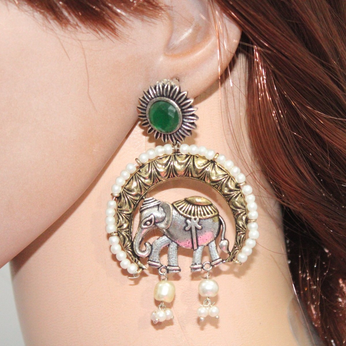 RAJWADI GAJ DUAL-TONE EARRING-GREEN -EARRING