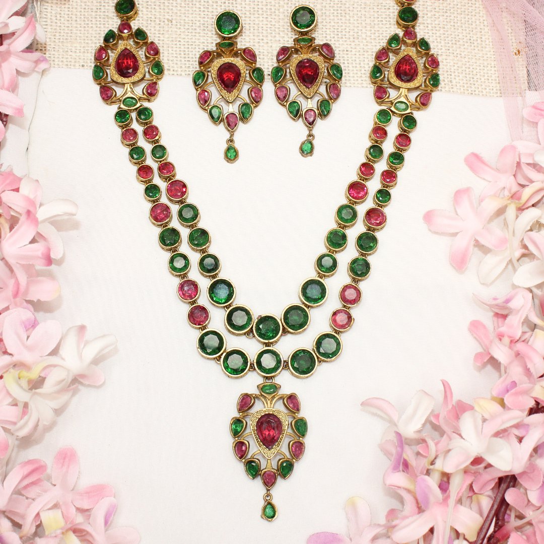 RAJWADI RANI HAAR - DO LADI - RED & GREEN - Necklaces