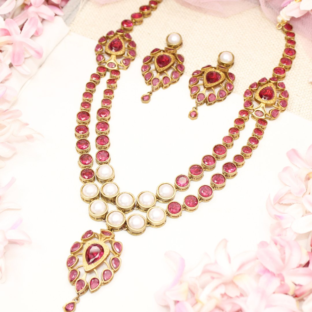 RAJWADI RANI HAAR - DO LADI - WHITE & RED - Necklaces