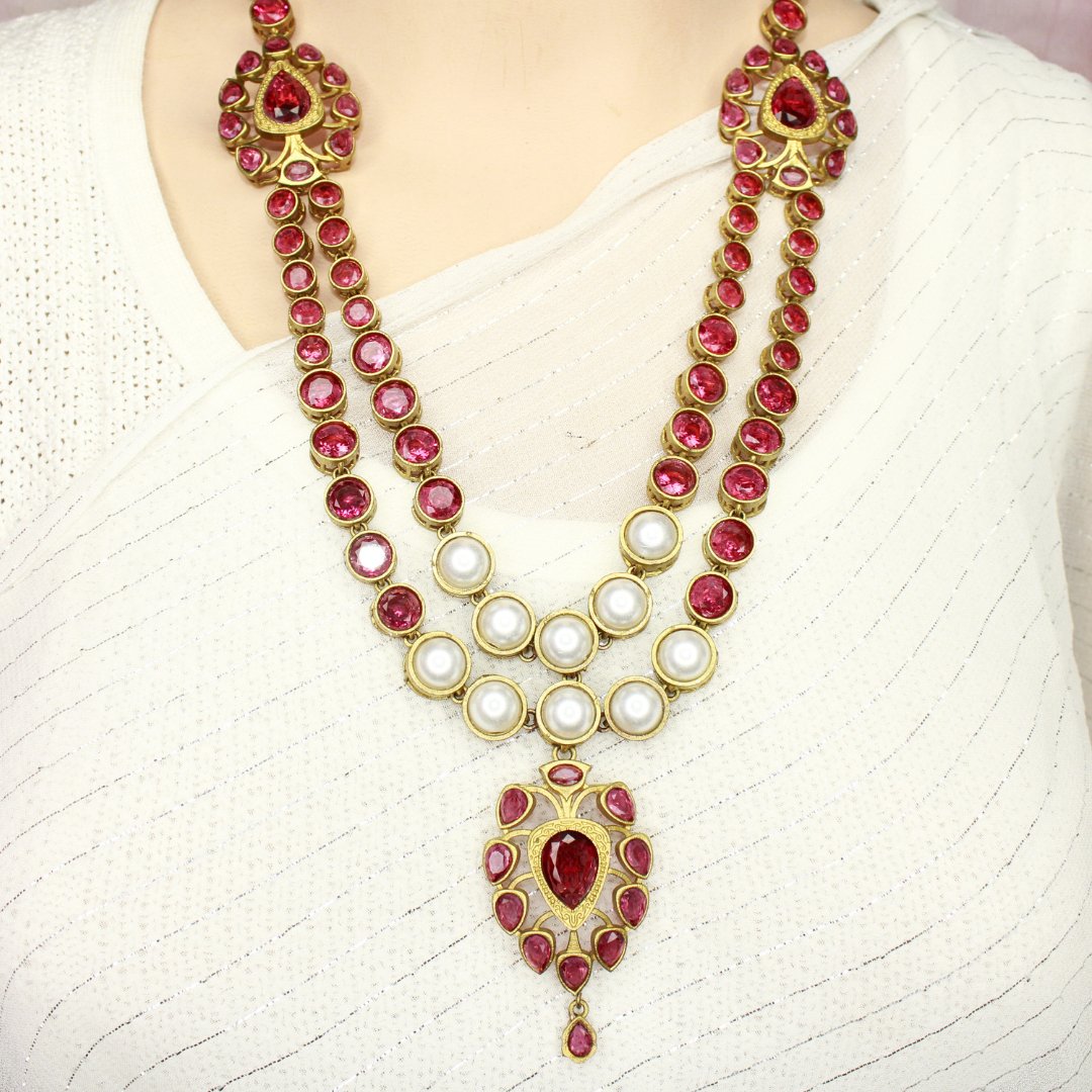 RAJWADI RANI HAAR - DO LADI - WHITE & RED - Necklaces