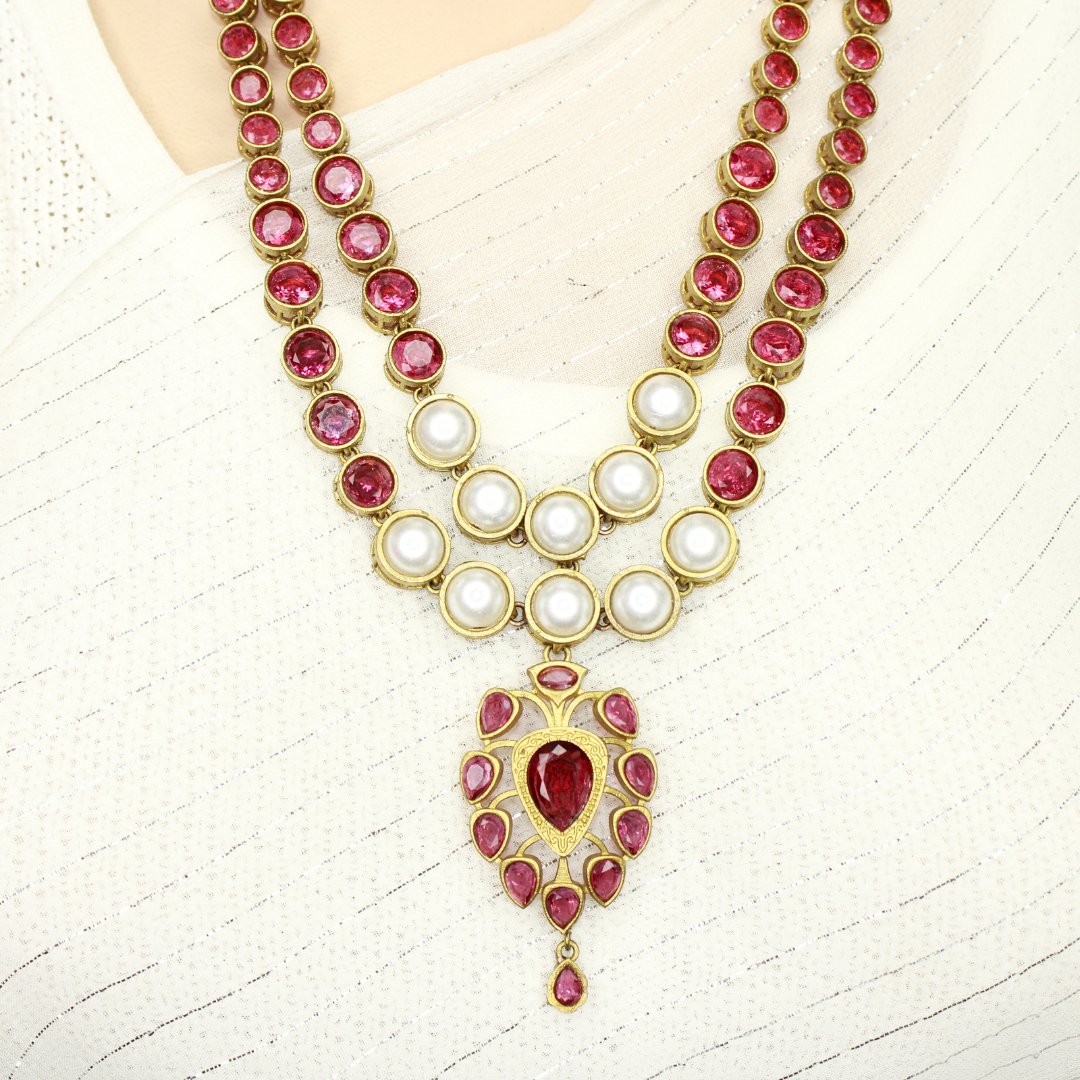 RAJWADI RANI HAAR - DO LADI - WHITE & RED - Necklaces