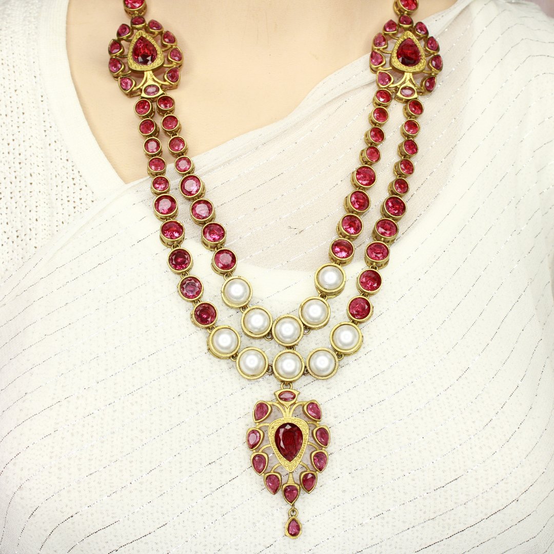 RAJWADI RANI HAAR - DO LADI - WHITE & RED - Necklaces