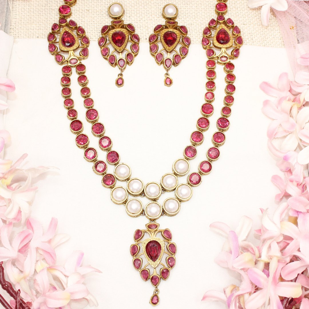 RAJWADI RANI HAAR - DO LADI - WHITE & RED - Necklaces