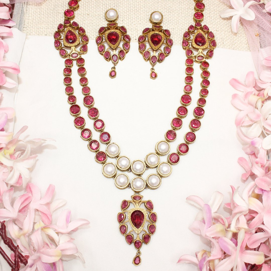 RAJWADI RANI HAAR - DO LADI - WHITE & RED - Necklaces