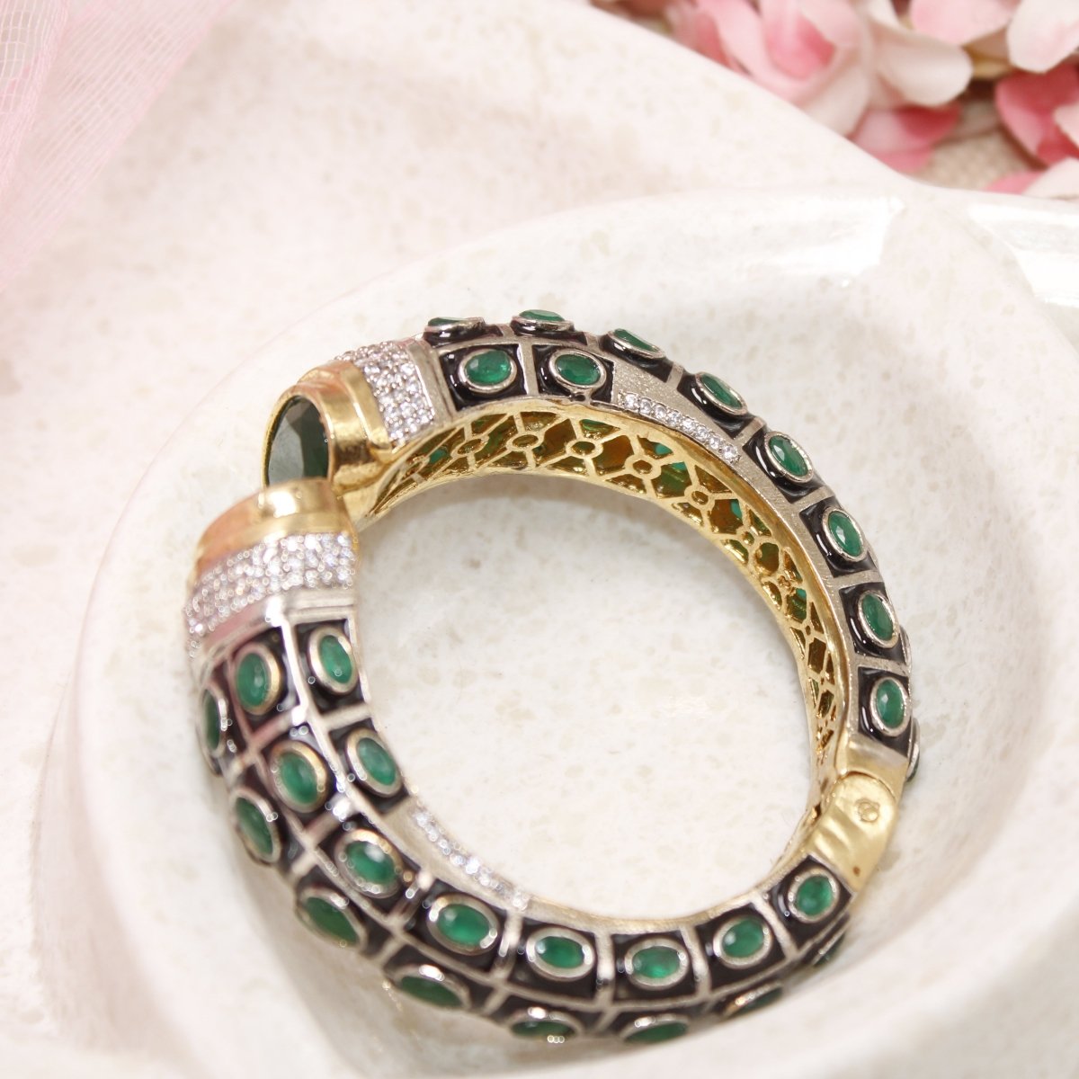 RAJWADI STONE & MEENAKARI KADA GOLD PLATED-GREEN -kada