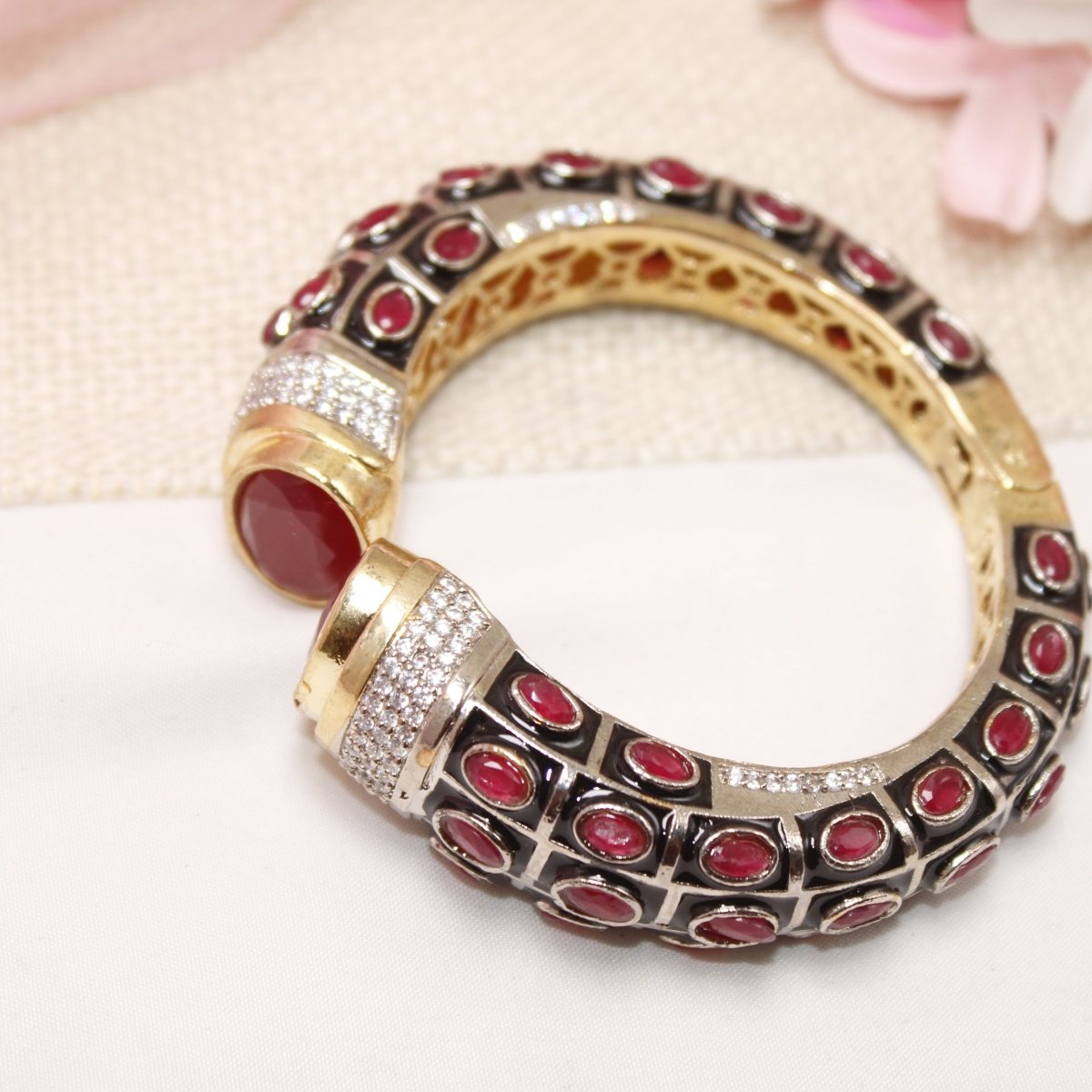 RAJWADI STONE & MEENAKARI KADA GOLD PLATED-RED -kada