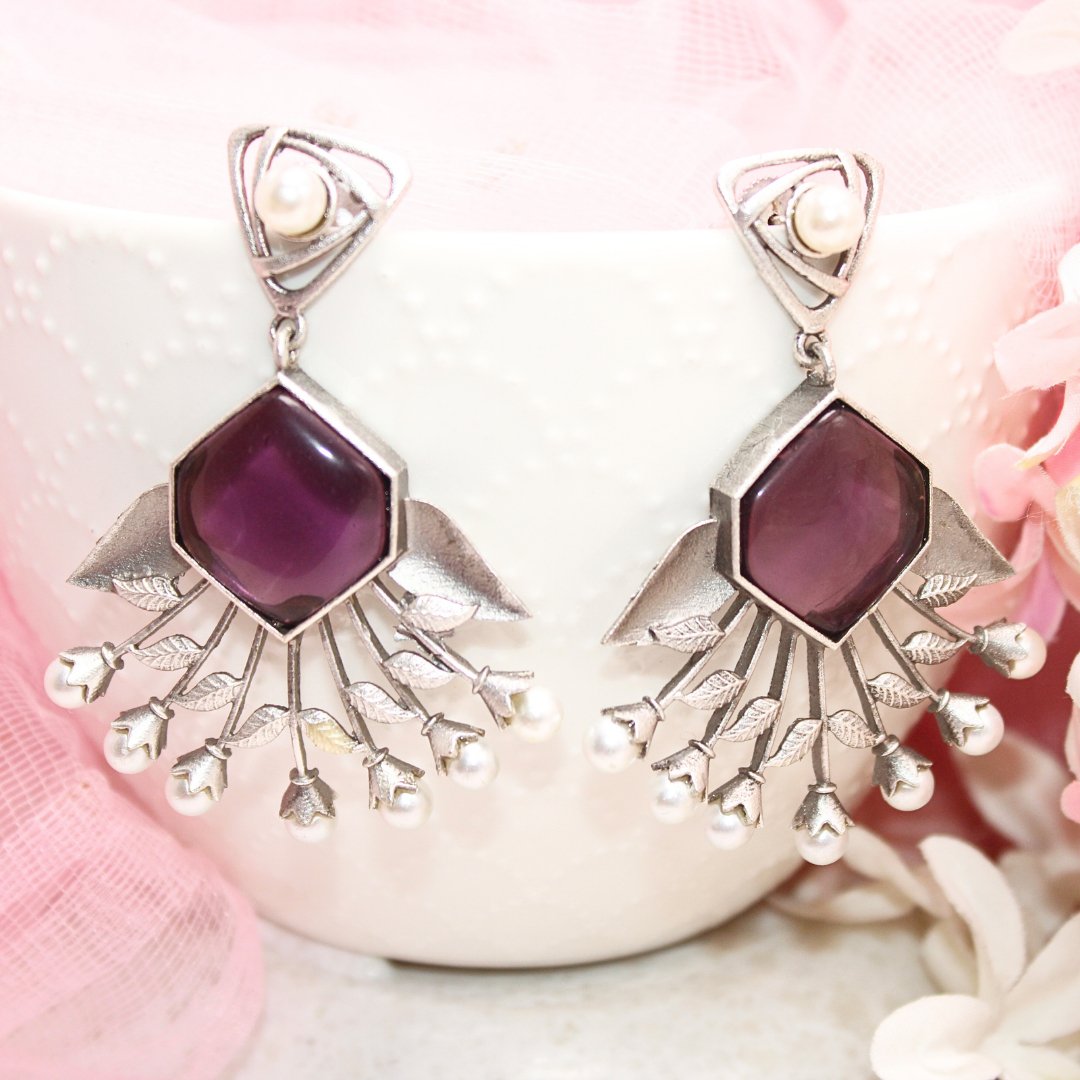 SILVER LOOK ALIKE DANGLE - PURPLE - EARRING